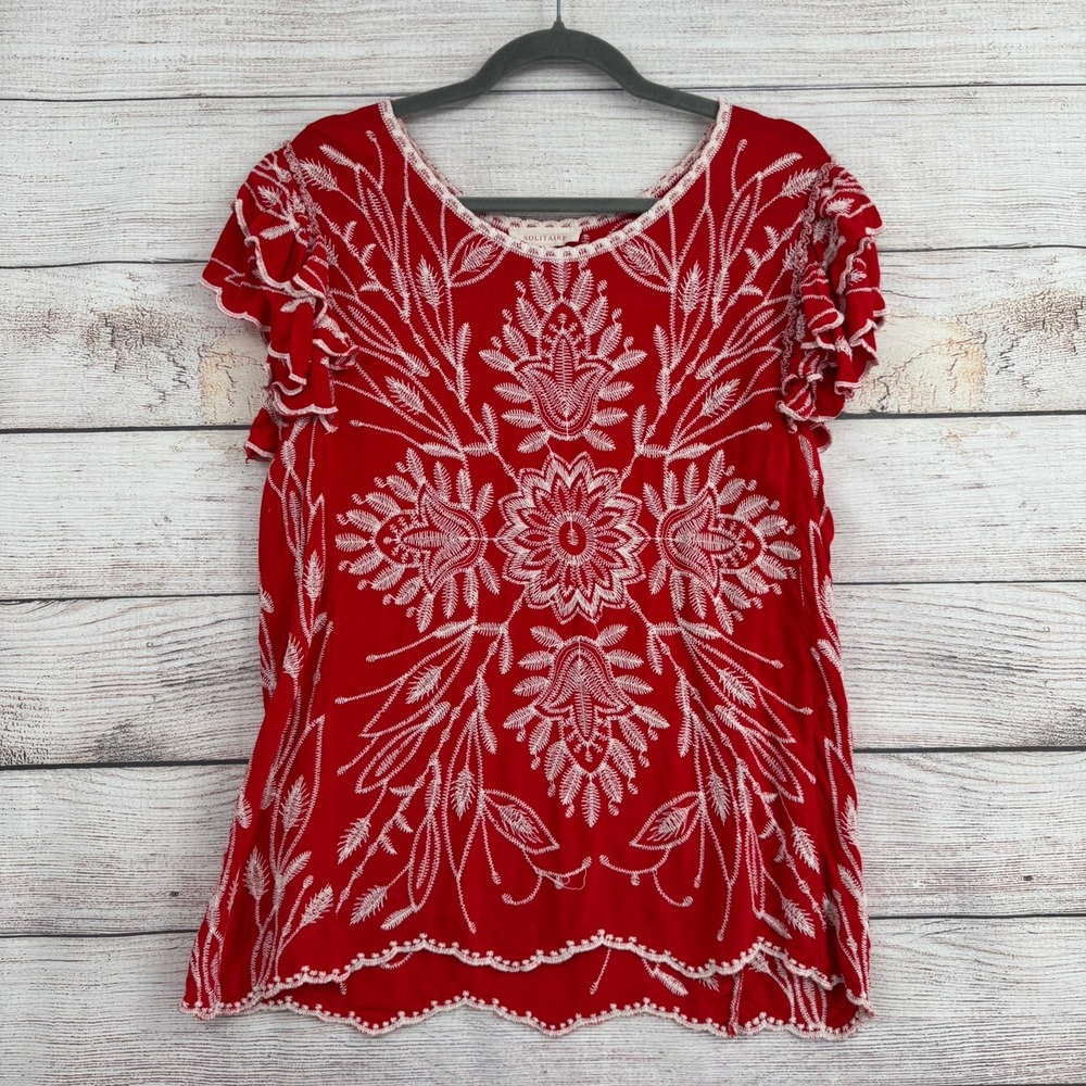 Solitaire Embroidered Blouse Womens XL Red Flutter Sleeve Ruffle Hem 22-1001